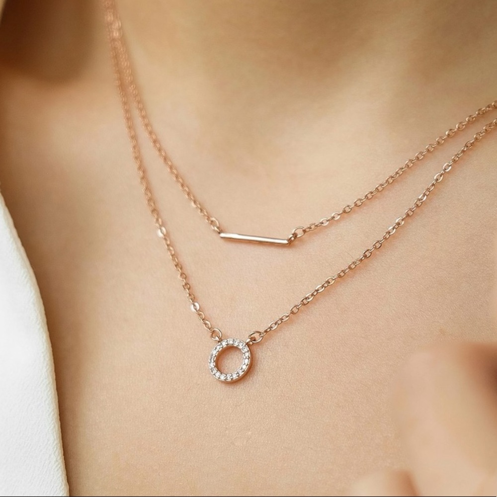 Zirconia Round Bar Dainty Layered Necklace | Rose Gold Plated Sterling Silver